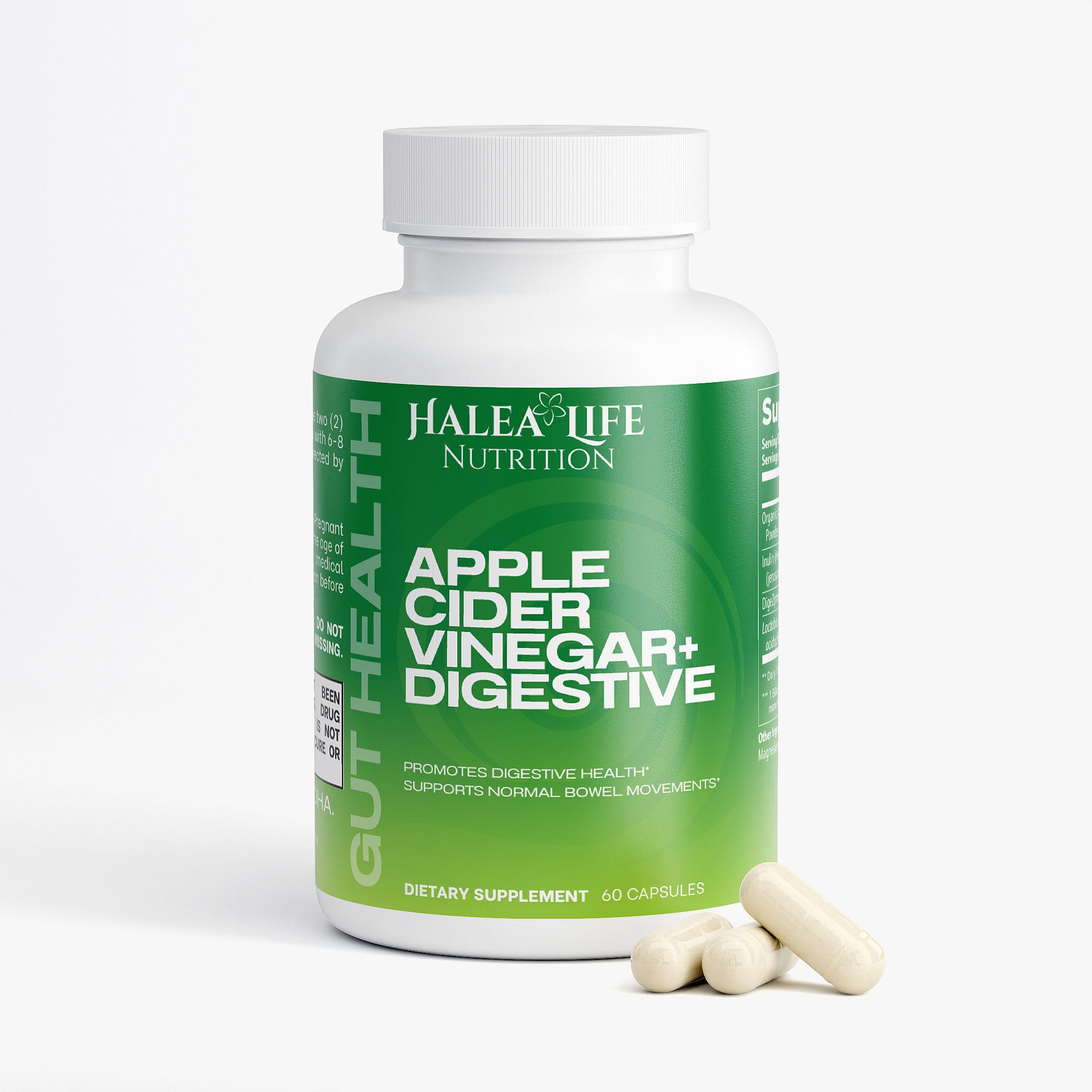 Halea Life Nutrition Apple Cider Vinegar supplement bottle with capsules on a white background