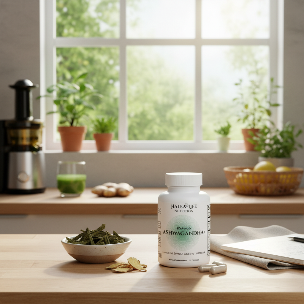 Halea Life Ashwagandha supplement bottle on a kitchen counter with greenery in the background