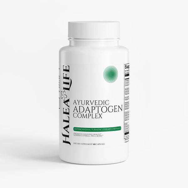 Halea Life Ayurvedic Adaptogen Complex supplement bottle on a white background