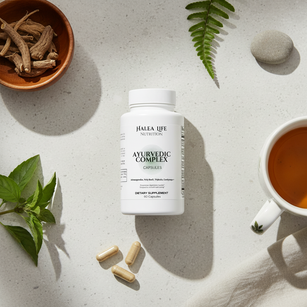 Supplement bottle labeled 'Ayurvedic Complex' on a light surface with tea and herbs.