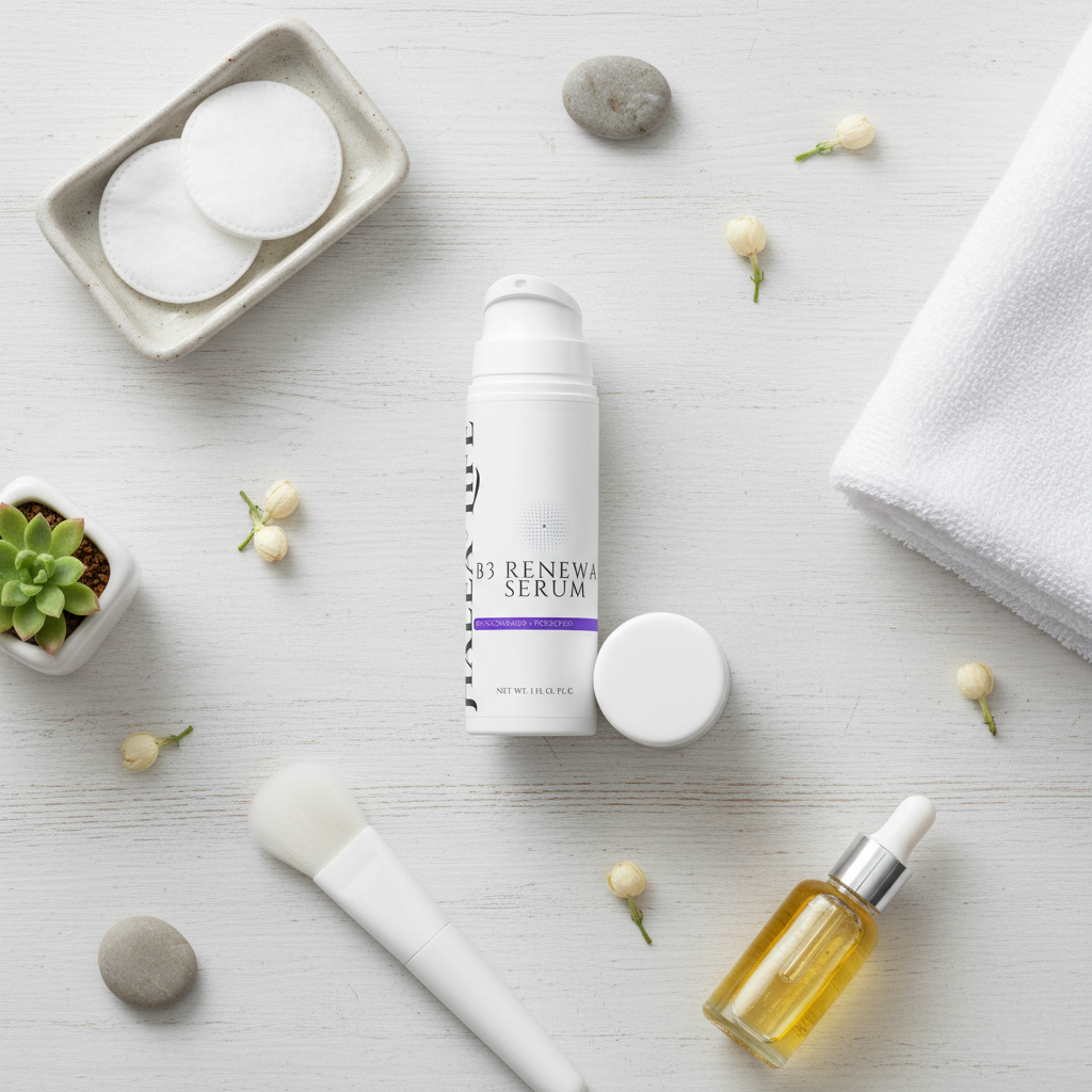 Skincare products including a serum bottle and oil on a light wooden surface with decorative elements.