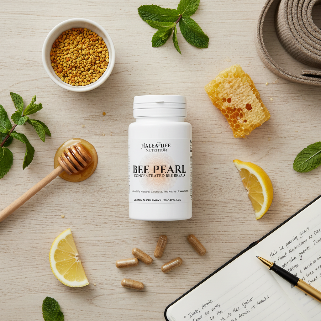 Bottle of 'Bee Peari' supplement on a wooden surface with honey, lemons, and herbs.