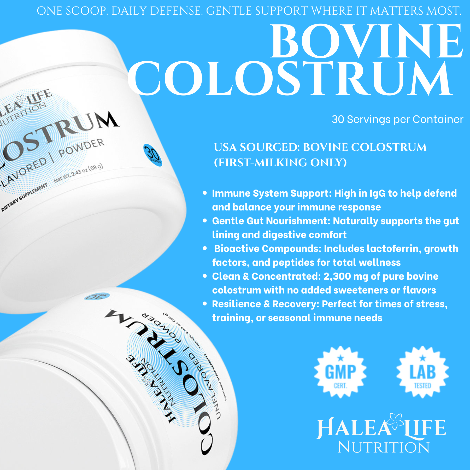 Halea Life Nutrition Bovine Colostrum powder packaging with product details on a blue background