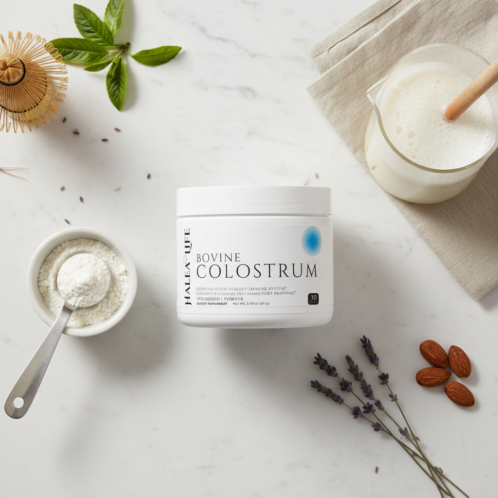 Bovine Colostrum container with a glass of liquid and powder on a marble surface