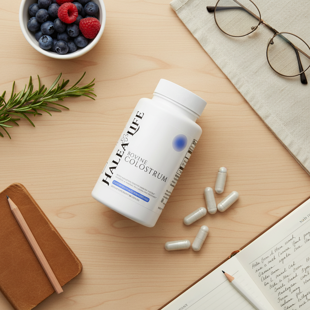 Halea Life colostrum supplement bottle on a wooden surface with berries and glasses.