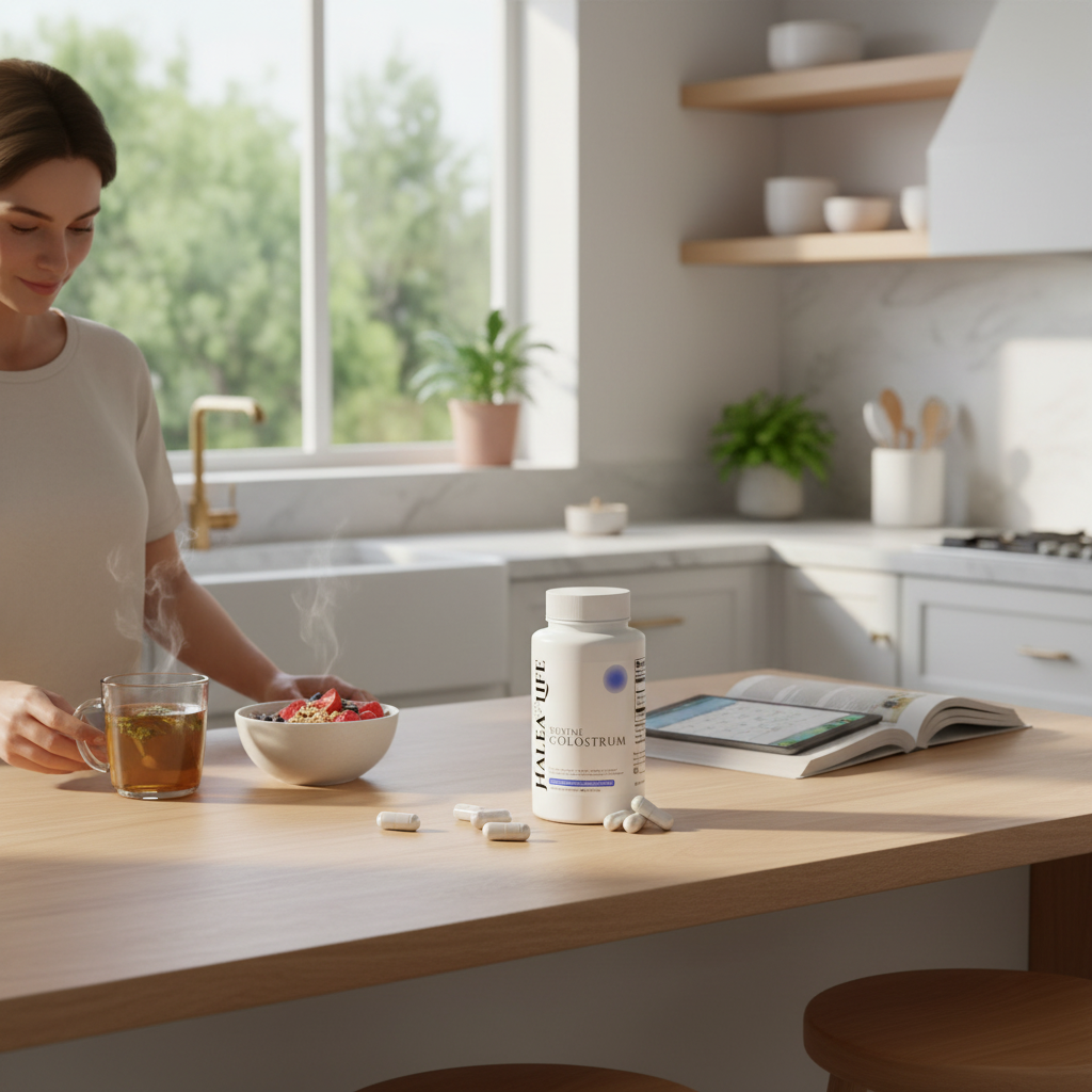 Woman in a kitchen with a bottle of colostrum supplement on the counter