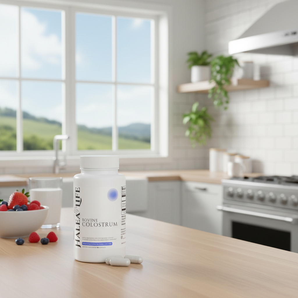 Bottle of Halea Life Bovine Colostrum on a kitchen counter with a window view of greenery.