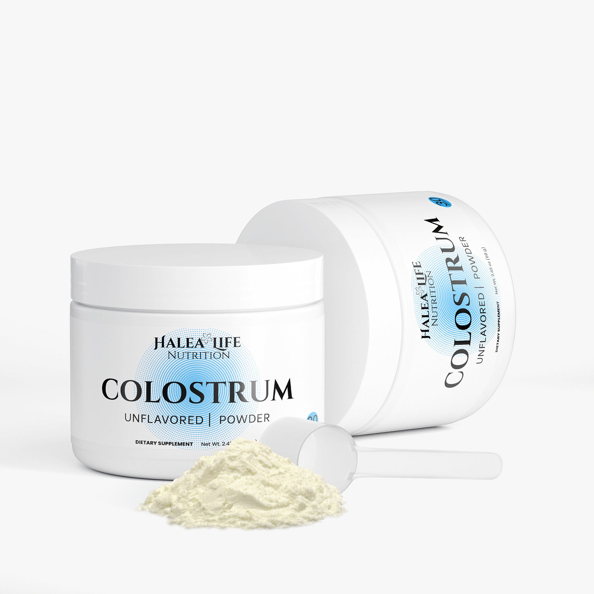 Halea Life Nutrition Colostrum powder container with scoop on a white background