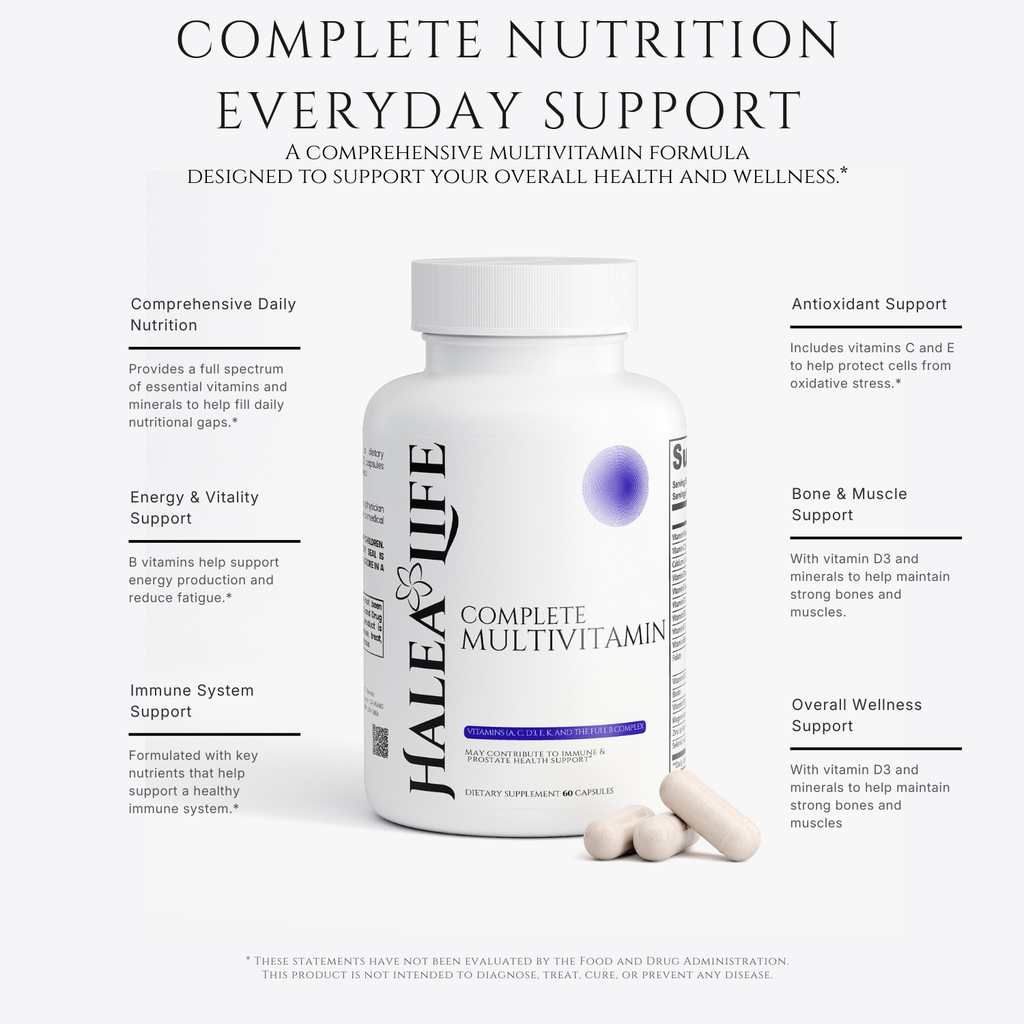 HaleaLife Complete Multivitamin bottle with product benefits on a white background