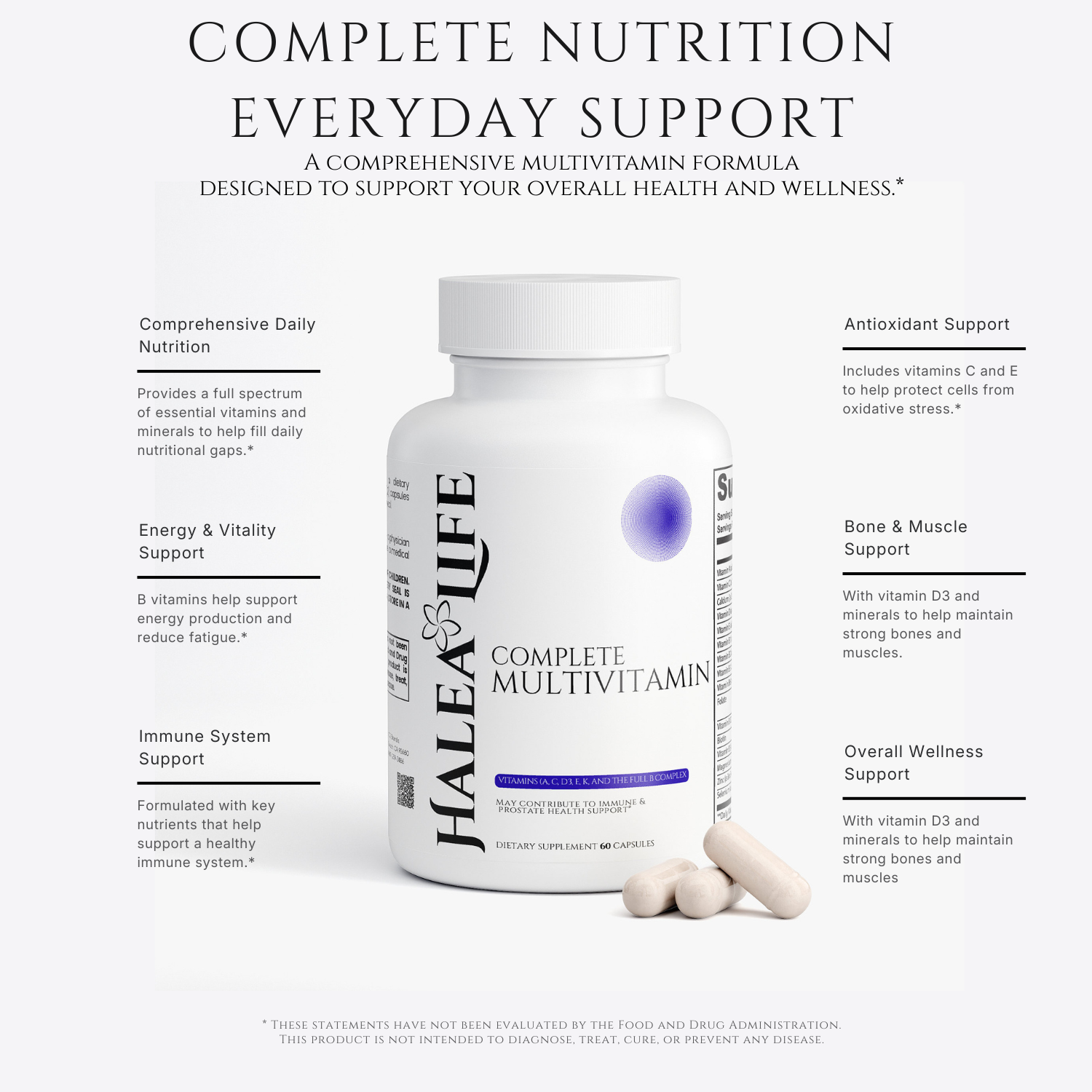 HaleaLife Complete Multivitamin bottle with product benefits on a white background