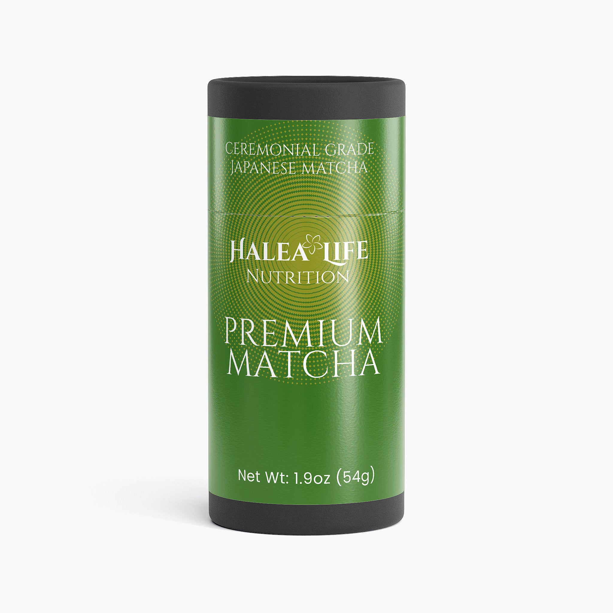 Green canister of Halea Life Nutrition Premium Matcha on a white background