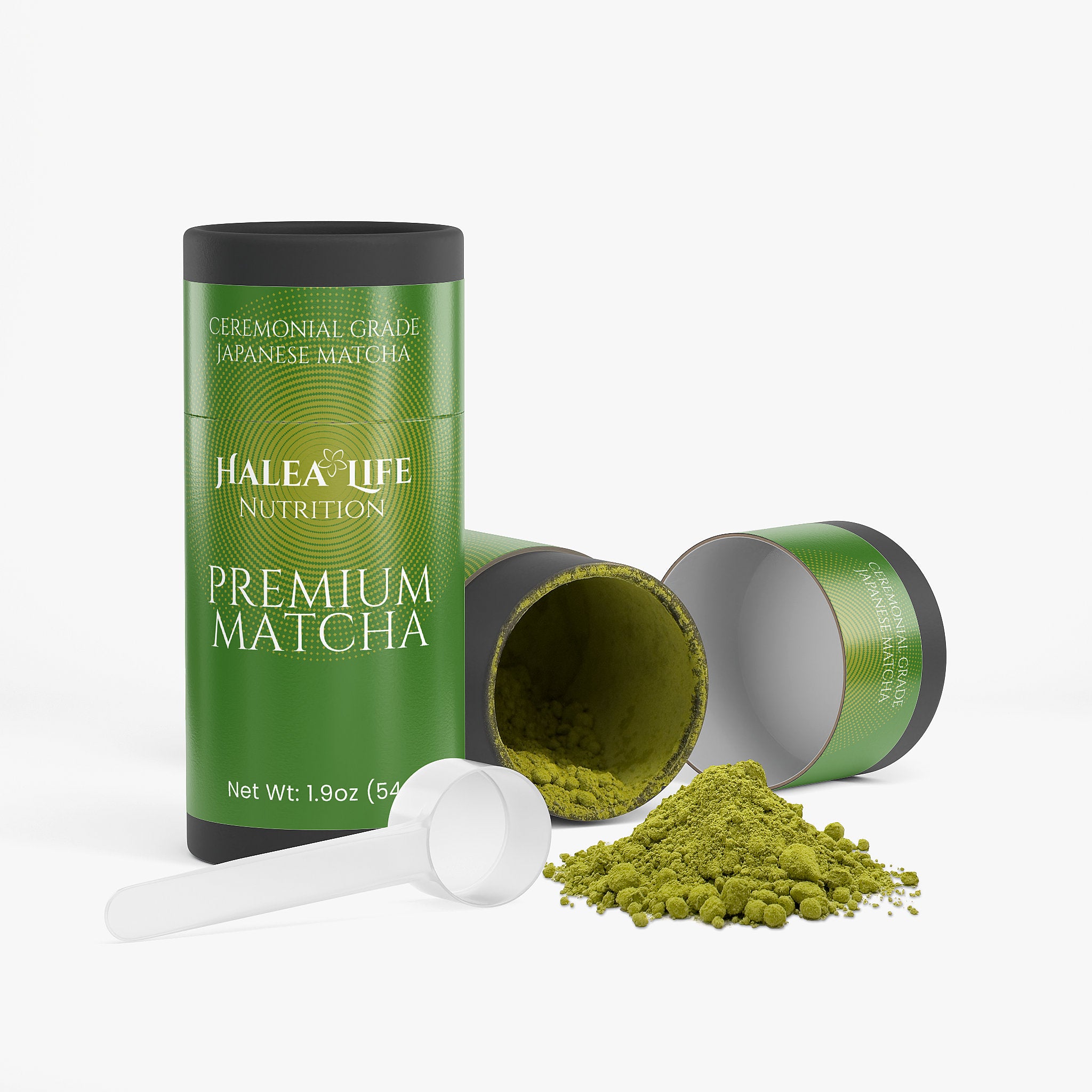 Halea Life Nutrition Premium Matcha with open container and scoop on a white background