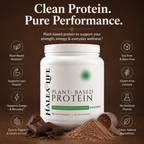 Halea Life plant-based protein powder container with chocolate flavor on a brown background
