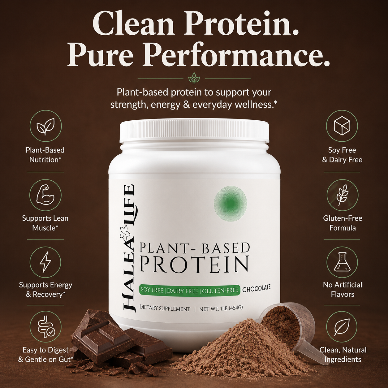 Halea Life plant-based protein powder container with chocolate flavor on a brown background