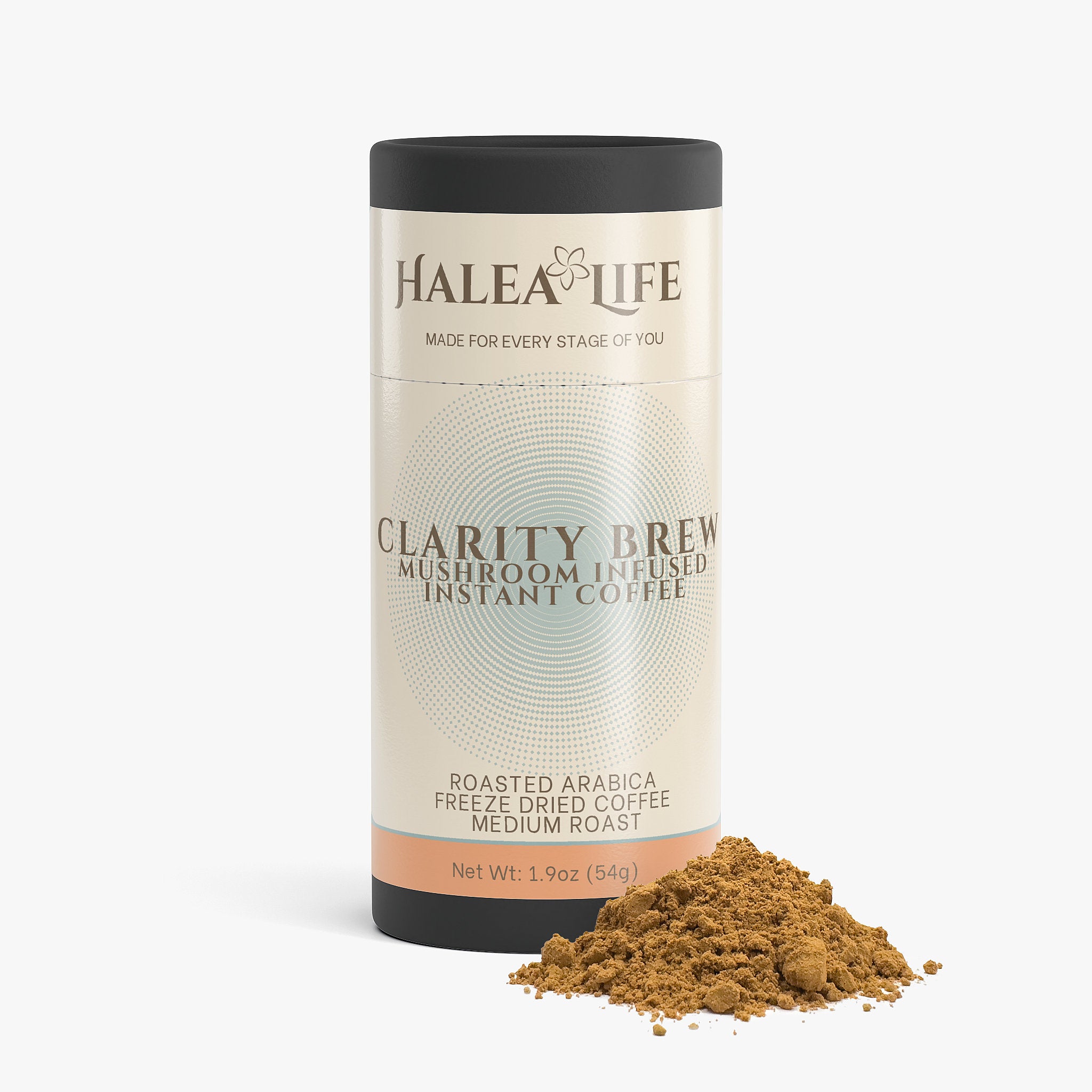 Halea Life Clarity Brew mushroom infused instant coffee canister with ground coffee on a white background