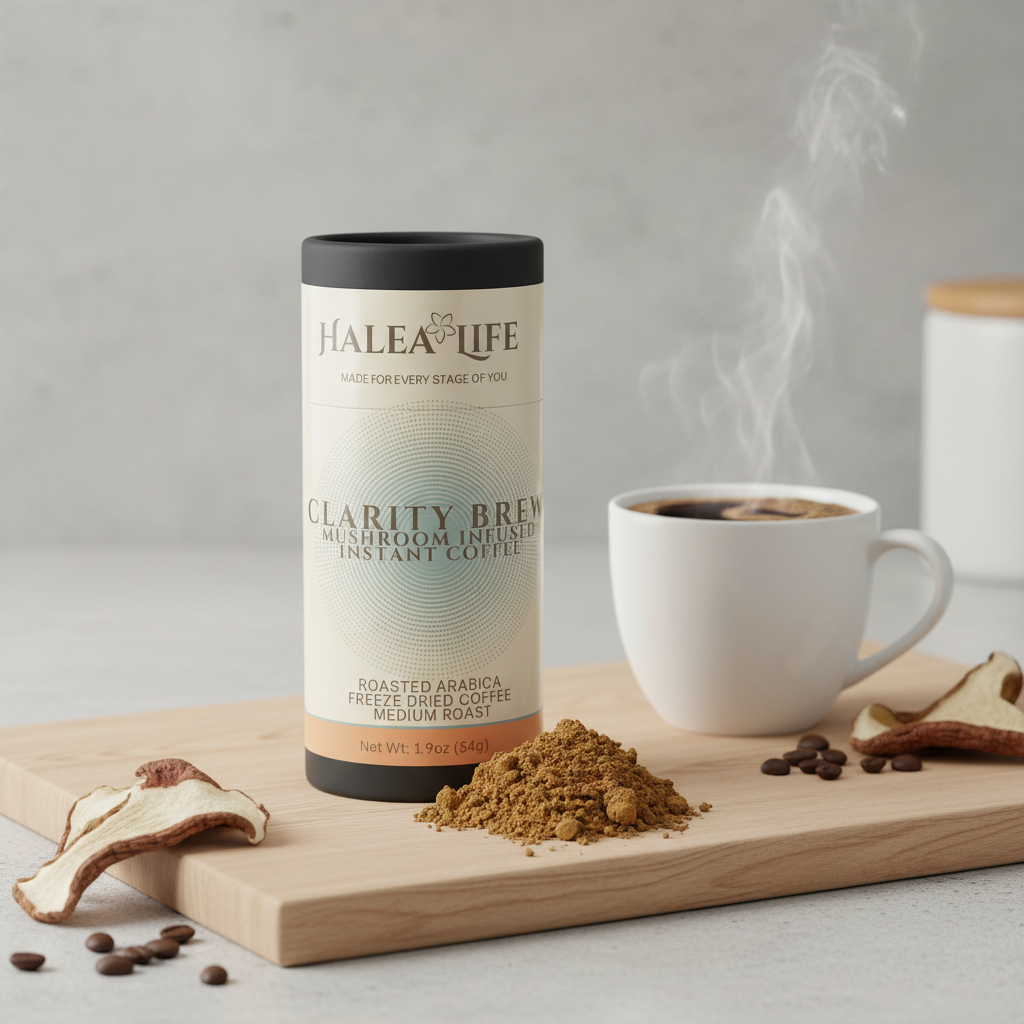 Halea Life Clarity Brew mushroom-infused instant coffee canister with a steaming cup of coffee on a wooden board.
