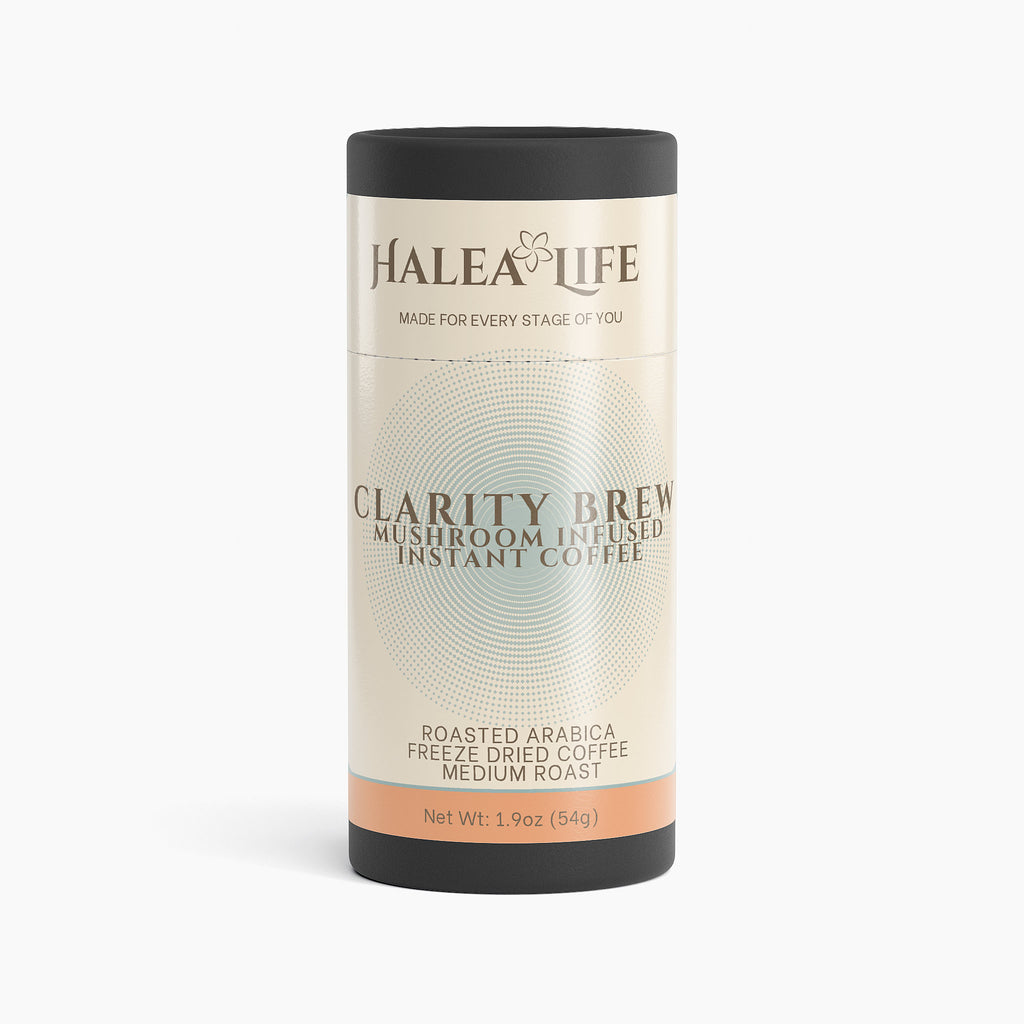 Halea Life Clarity Brew mushroom infused instant coffee canister on a white background