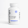 Supplement bottle labeled 'HALEA LIFE COQ10 Ubiquinone' on a white background