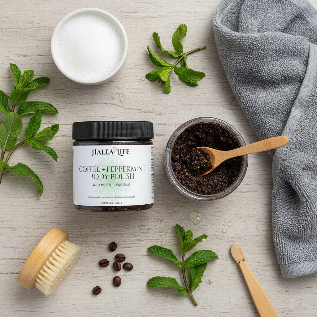 Halea Life Coffee + Peppermint Body Polish with ingredients and tools on a light surface