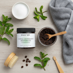 Halea Life Coffee + Peppermint Body Polish with ingredients and tools on a light surface