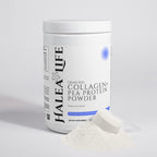 Halea Life collagen and pea protein powder container on a light gray background