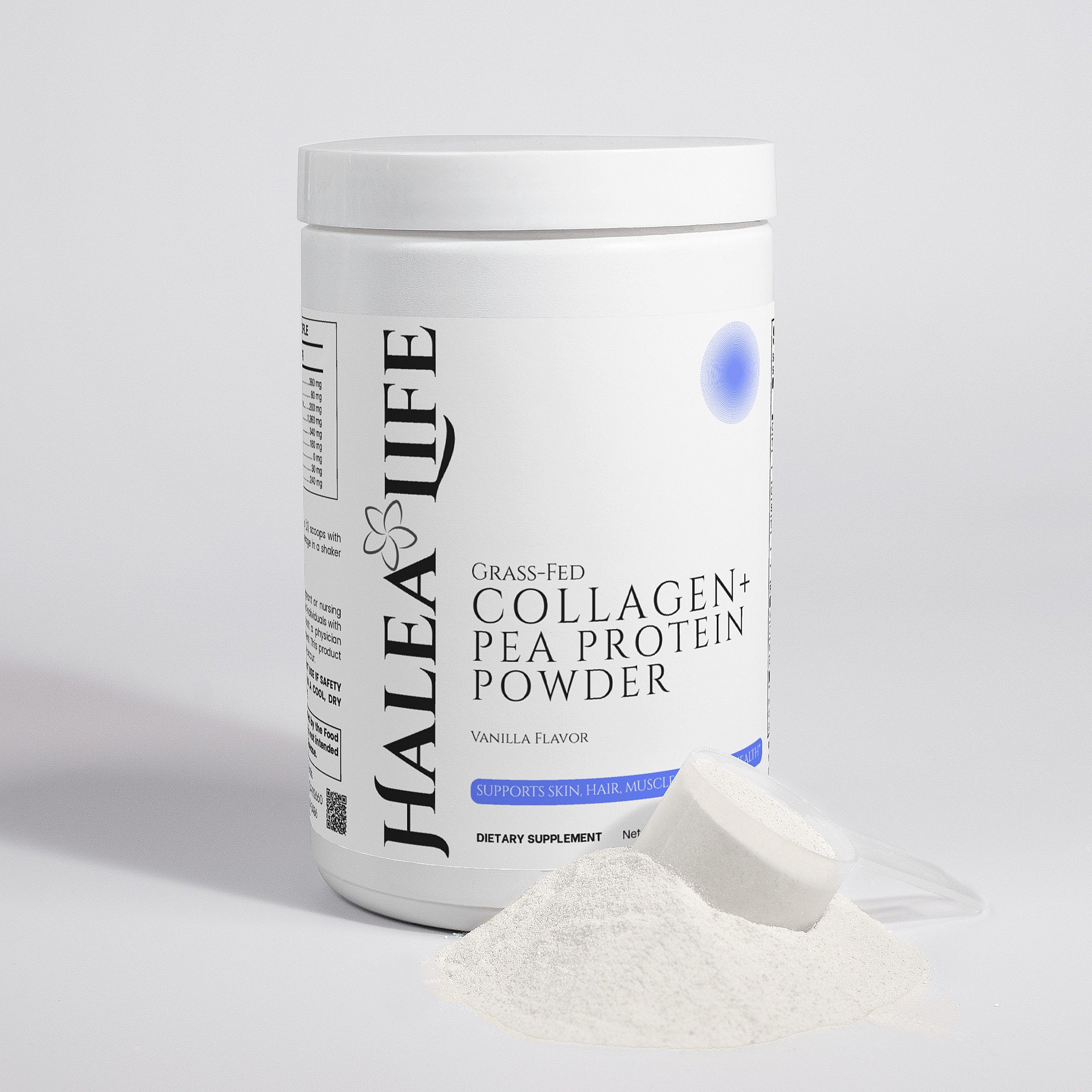 Halea Life collagen and pea protein powder container on a light gray background