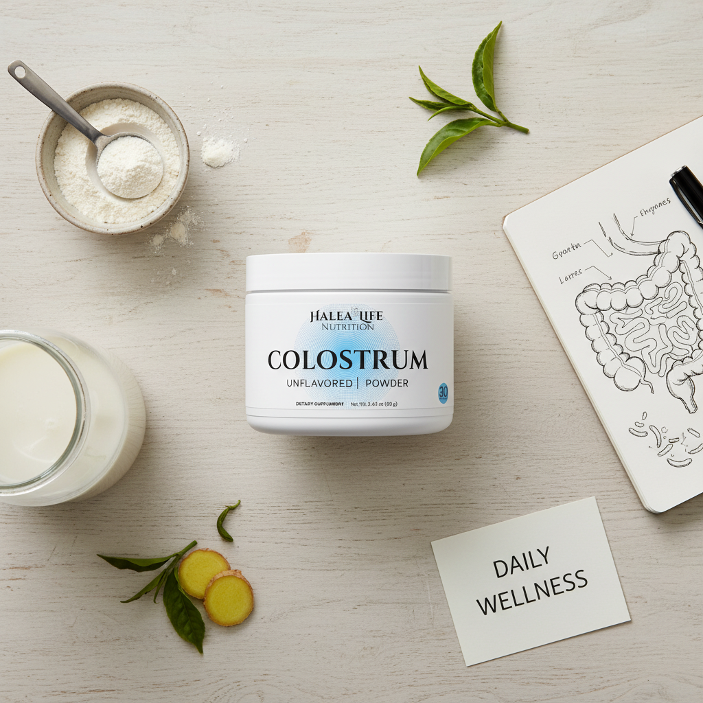 Halla Life Nutrition Colostrum powder container on a light wooden surface with a glass of milk, powder, and a diagram of the digestive system.