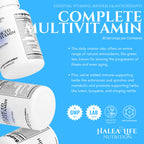Multivitamin supplement containers with product details on a blue background, featuring the brand 'Halea Life Nutrition'.