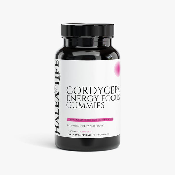 Cordyceps Energy Focus Gummies bottle Cordyceps, GABA, Ginkgo Leaf, L-Glutamine and DMAE blend