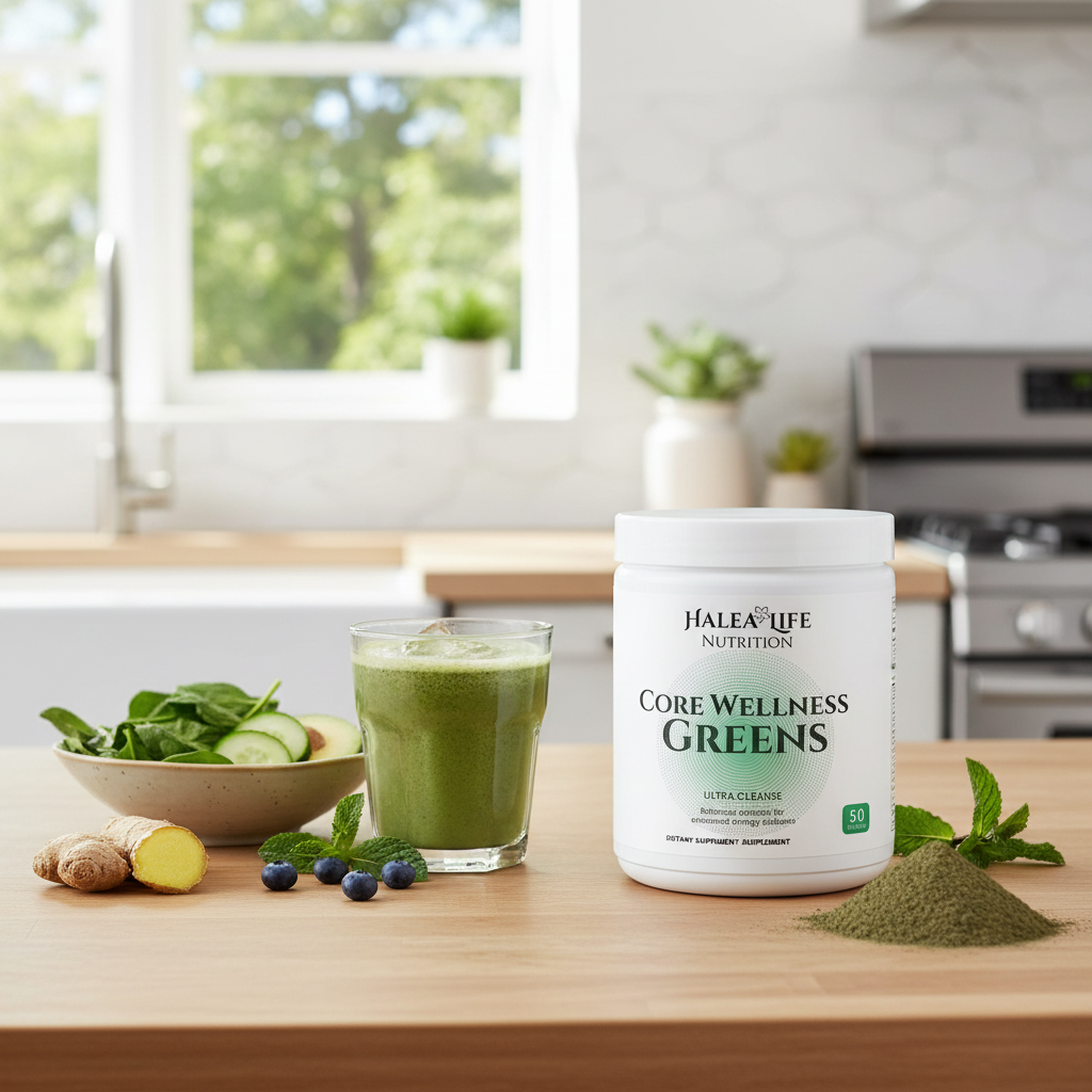 Halea Life Core Wellness Greens supplement container on a kitchen counter with a glass of green juice and ingredients.