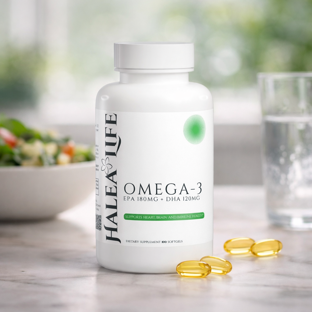 Halea Life Omega-3 supplement bottle on a table with capsules and a glass of water in the background.