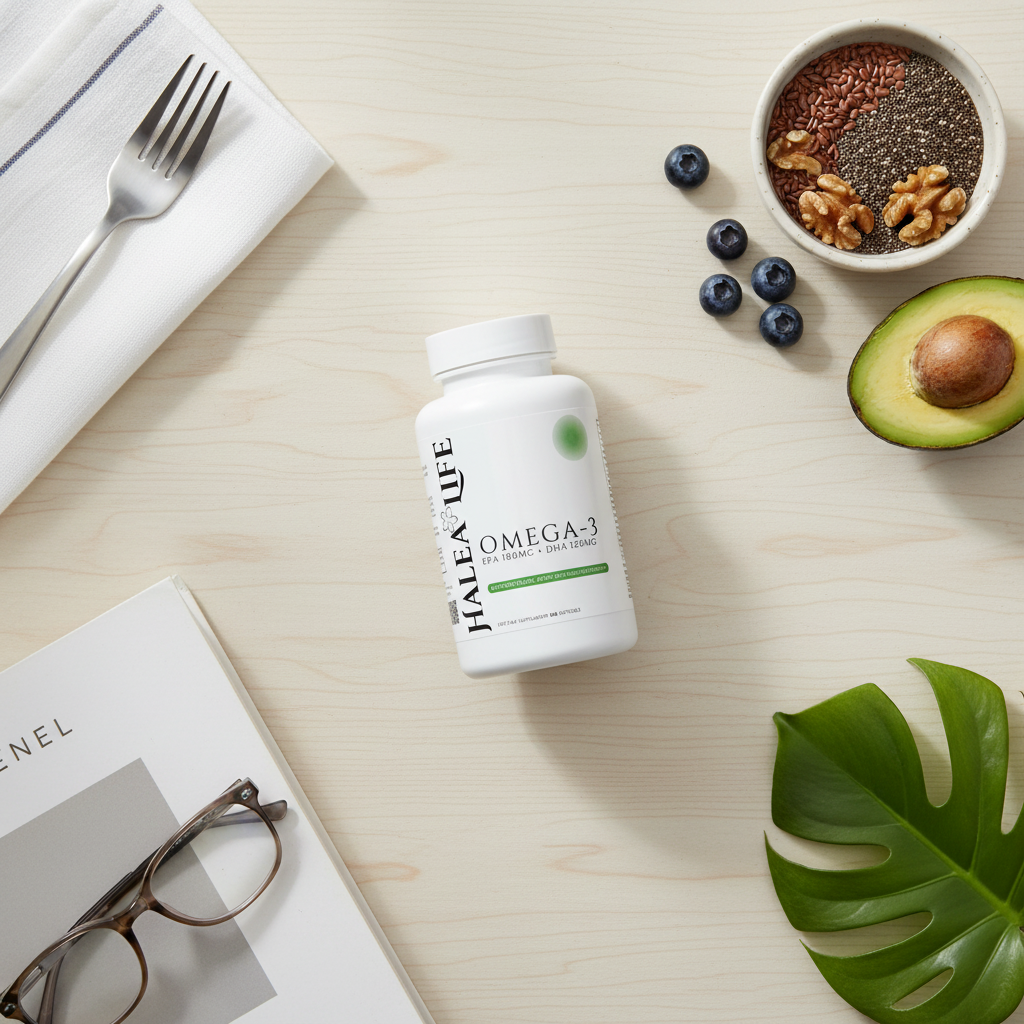 Omega-3 supplement bottle on a table with fruits, nuts, and a magazine.