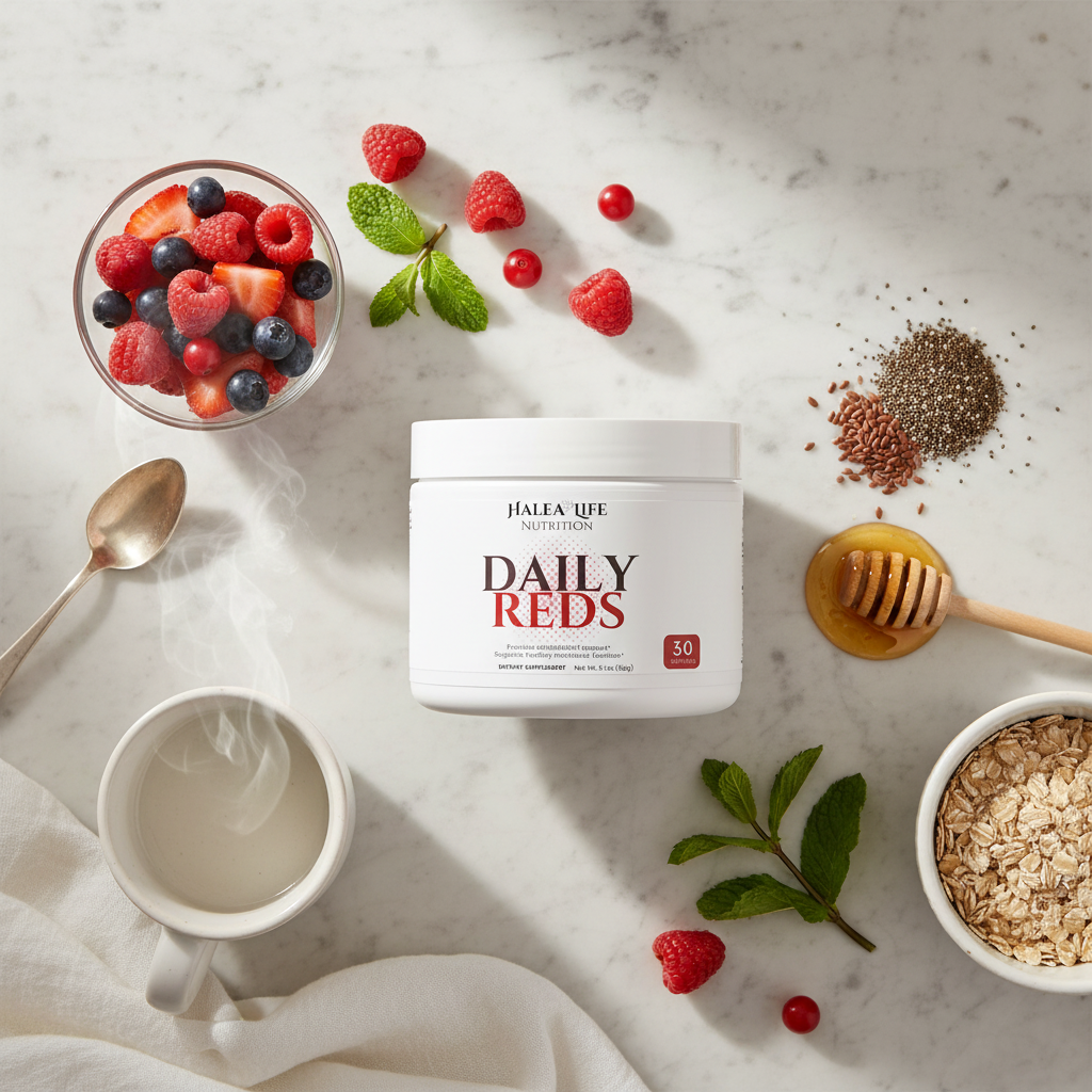 Container labeled 'Daily Reds' surrounded by berries, oats, and honey on a marble surface