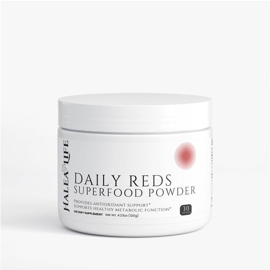 Jar of Halea Life Daily Reds Superfood Powder on a white background