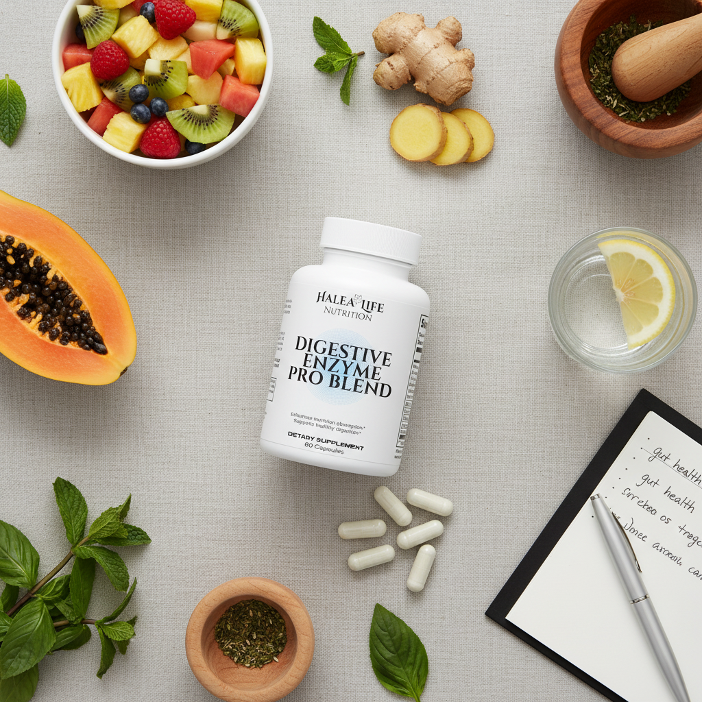 Digestive Enzyme Pro Blend supplement bottle with fruits, herbs, and a notebook on a light surface