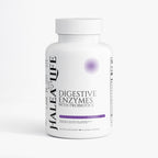 Supplement bottle labeled 'Halea Life Digestive Enzymes with Probiotics' on a white background