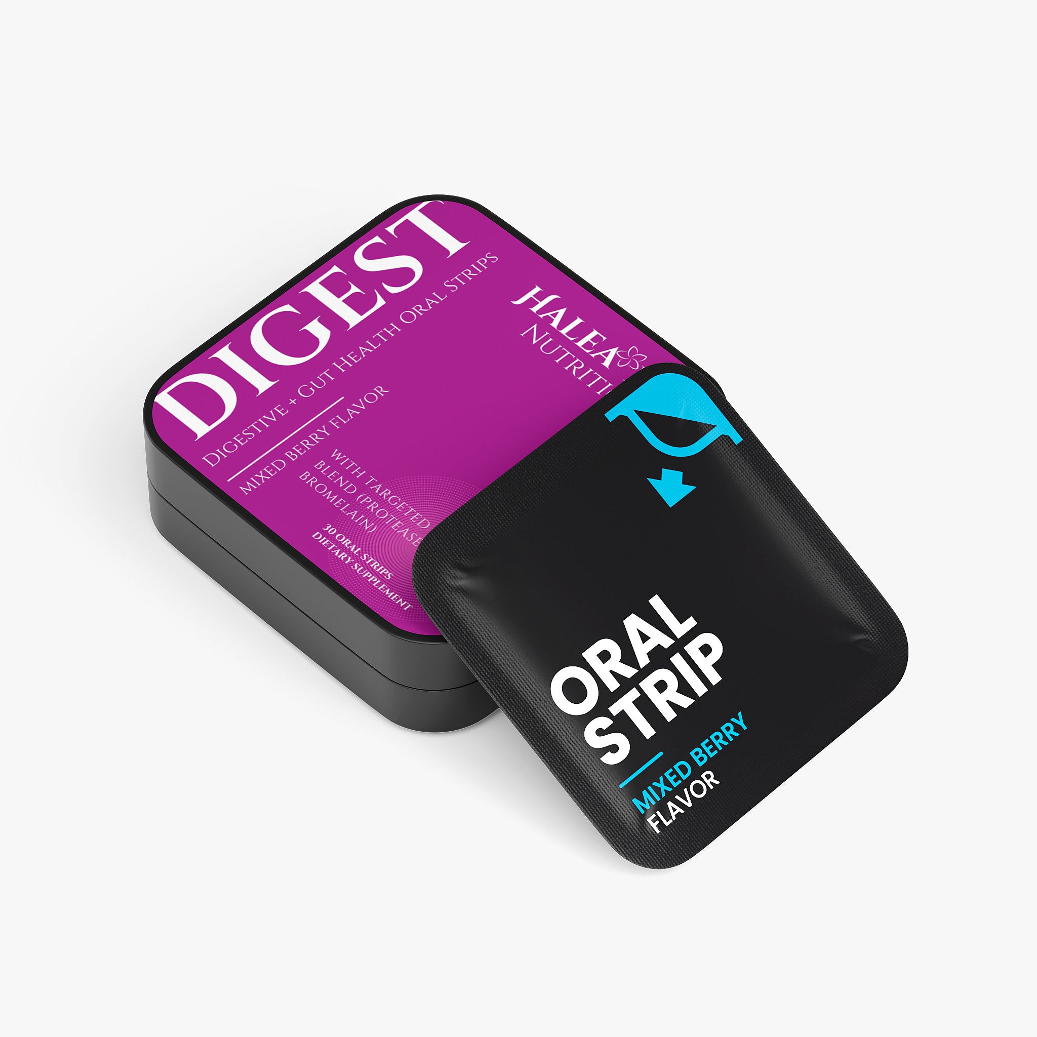 Haleys Nutrileaf Digestive Oral Strip packaging on a white background