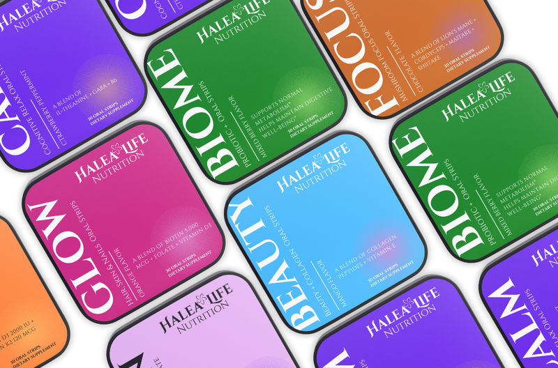 Colorful packaging of Halea Life Nutrition products with various labels.