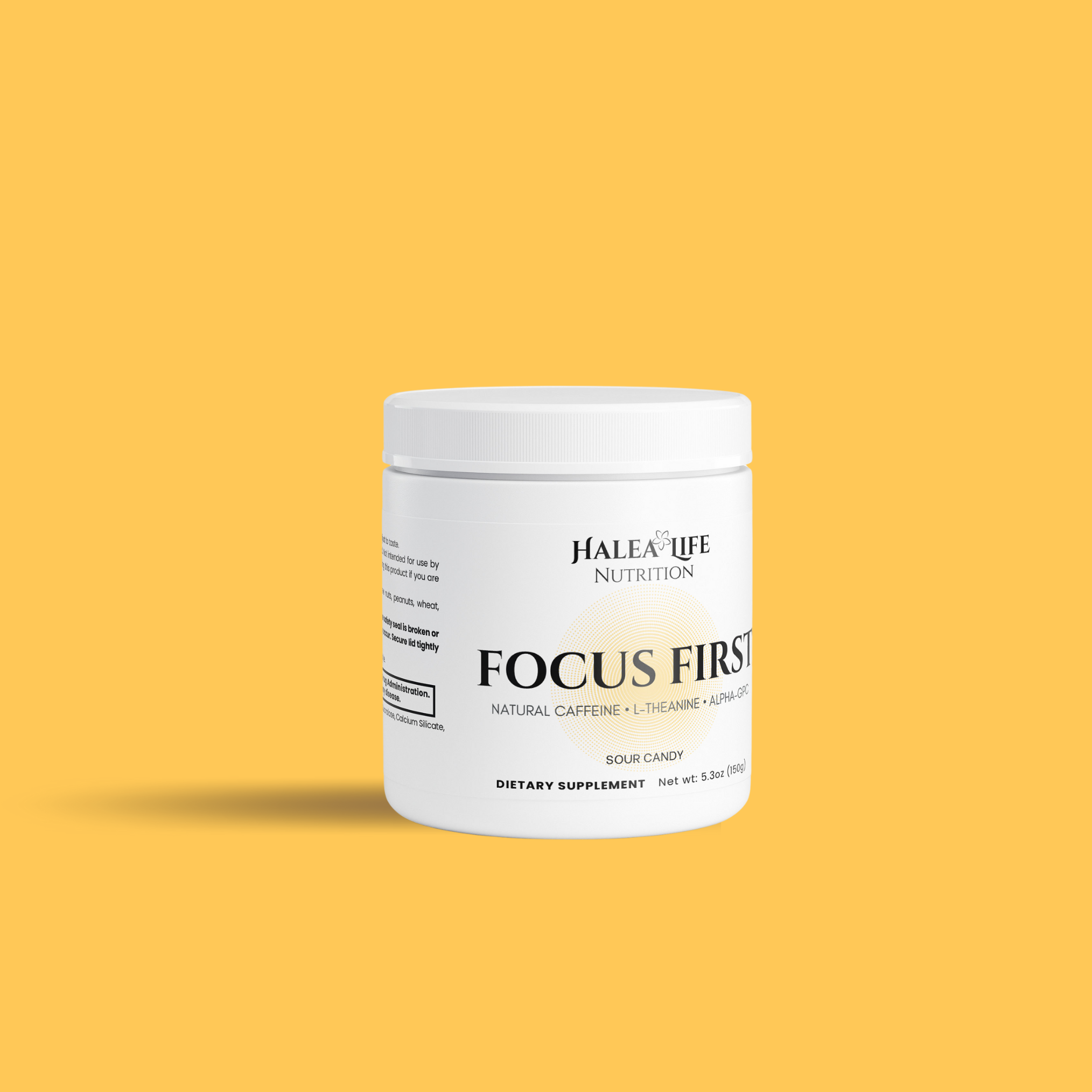 White container of Halea Life Nutrition Focus First supplement on a yellow background