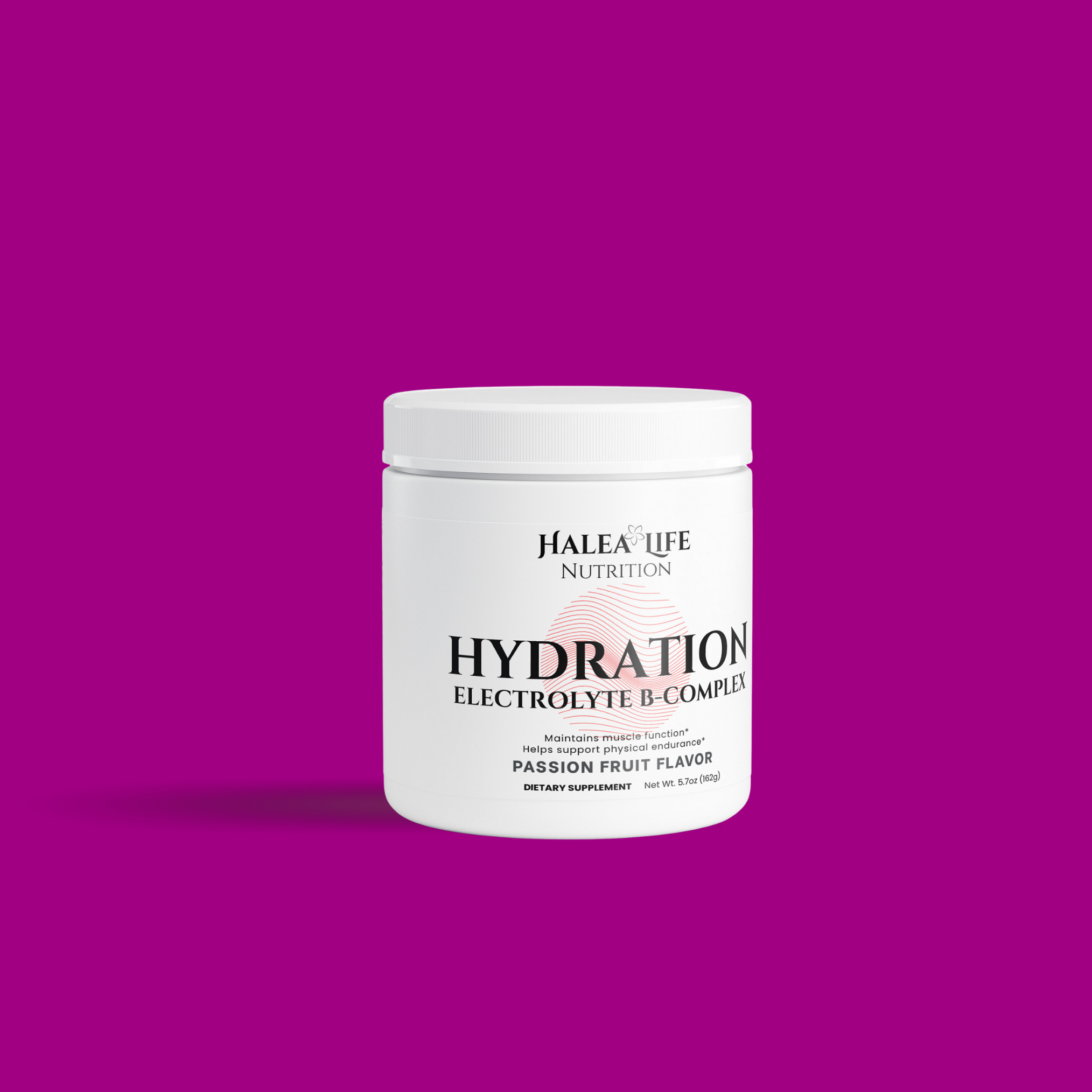 White supplement container labeled 'Hydration Electrolyte B-Complex' on a purple background