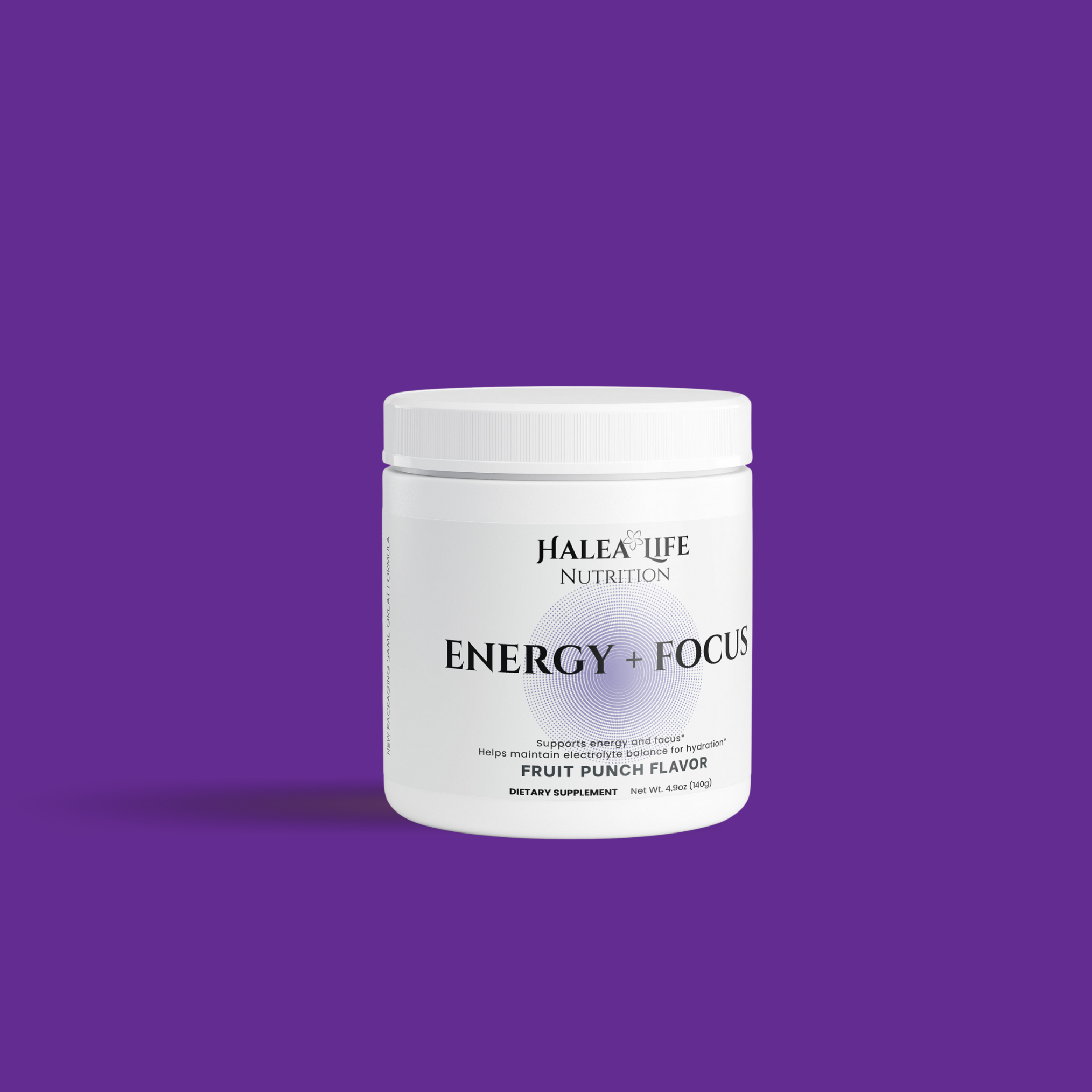 Halea Life Nutrition Energy + Focus supplement container on a purple background