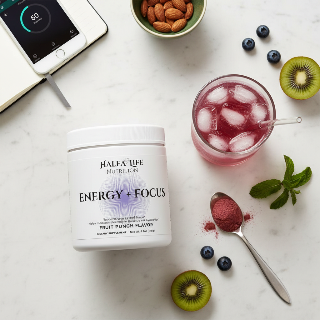 Halea Life Nutrition Energy + Focus supplement container with a glass of fruit punch drink, berries, and kiwi on a marble surface.