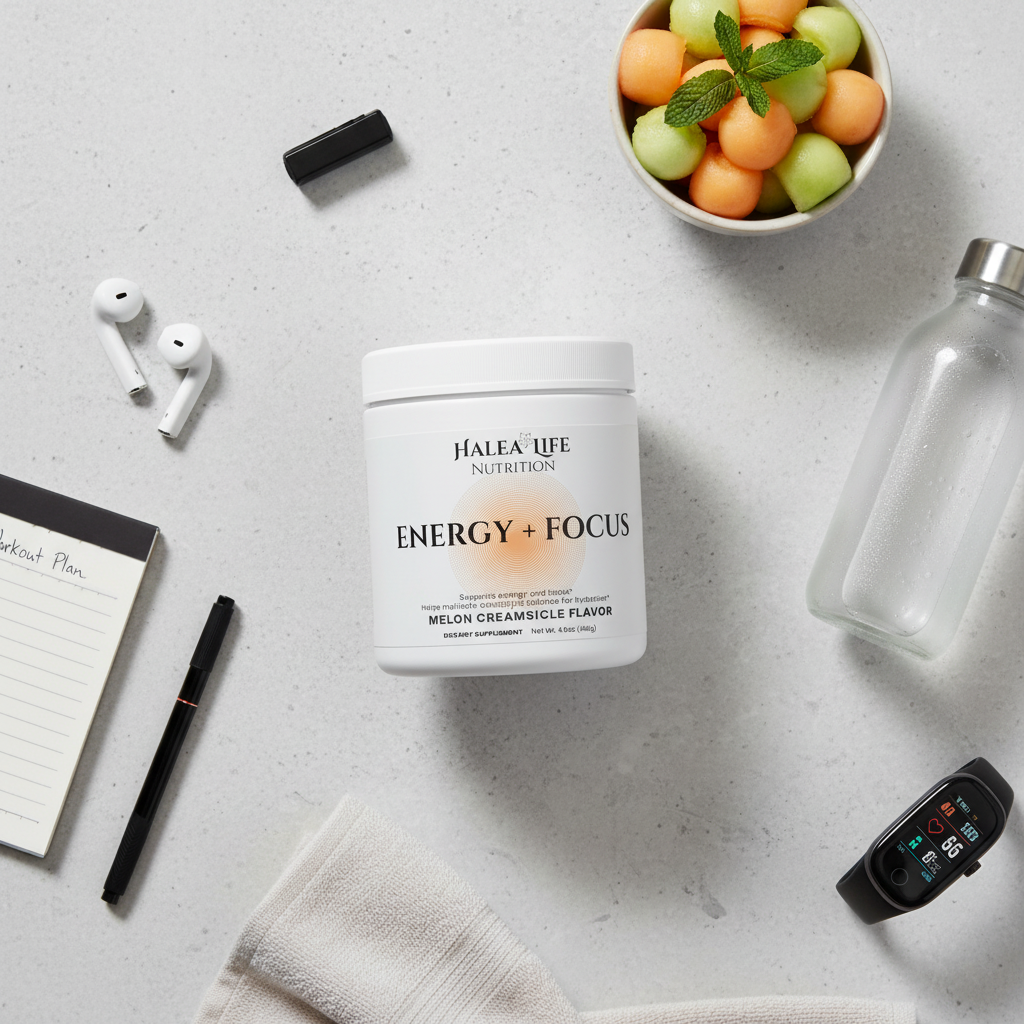 Halea Life Nutrition Energy + Focus supplement container on a light gray surface with accessories.