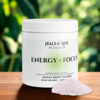 Dietary supplement container labeled 'Energy + Focus' by Halea Life Nutrition 