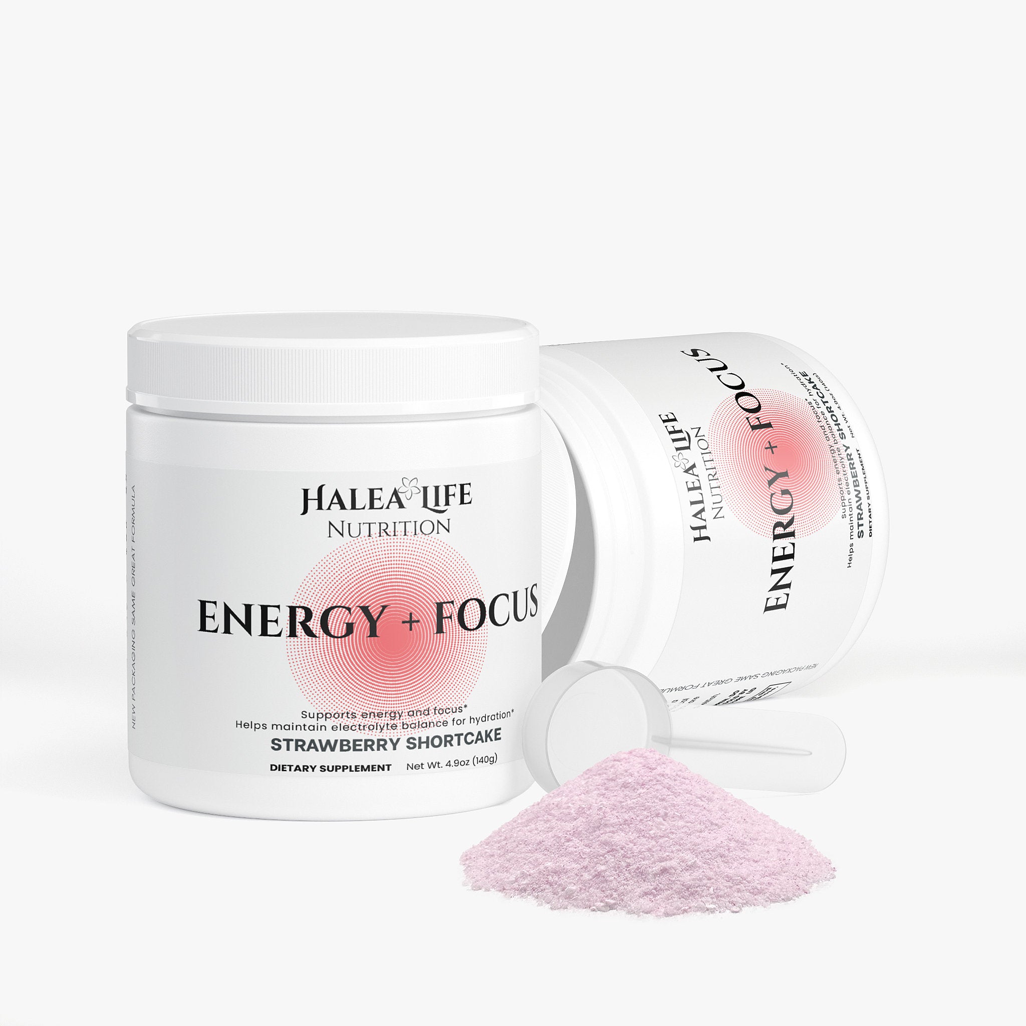 Halea Life Nutrition Energy + Focus supplement with pink powder on a white background