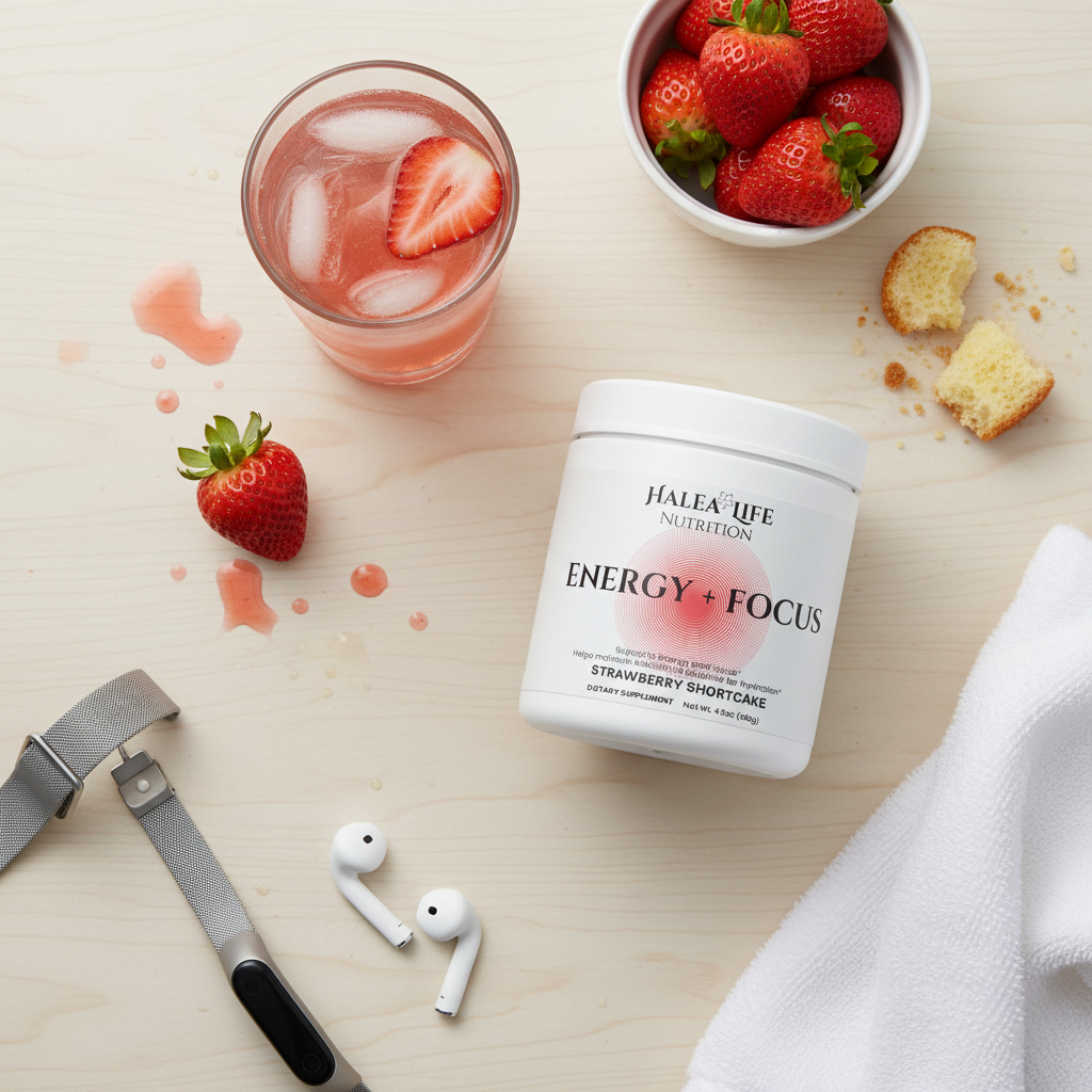 Halea Life Nutrition Energy + Focus supplement container with a glass of strawberry shortcake, strawberries, and earbuds on a light surface.