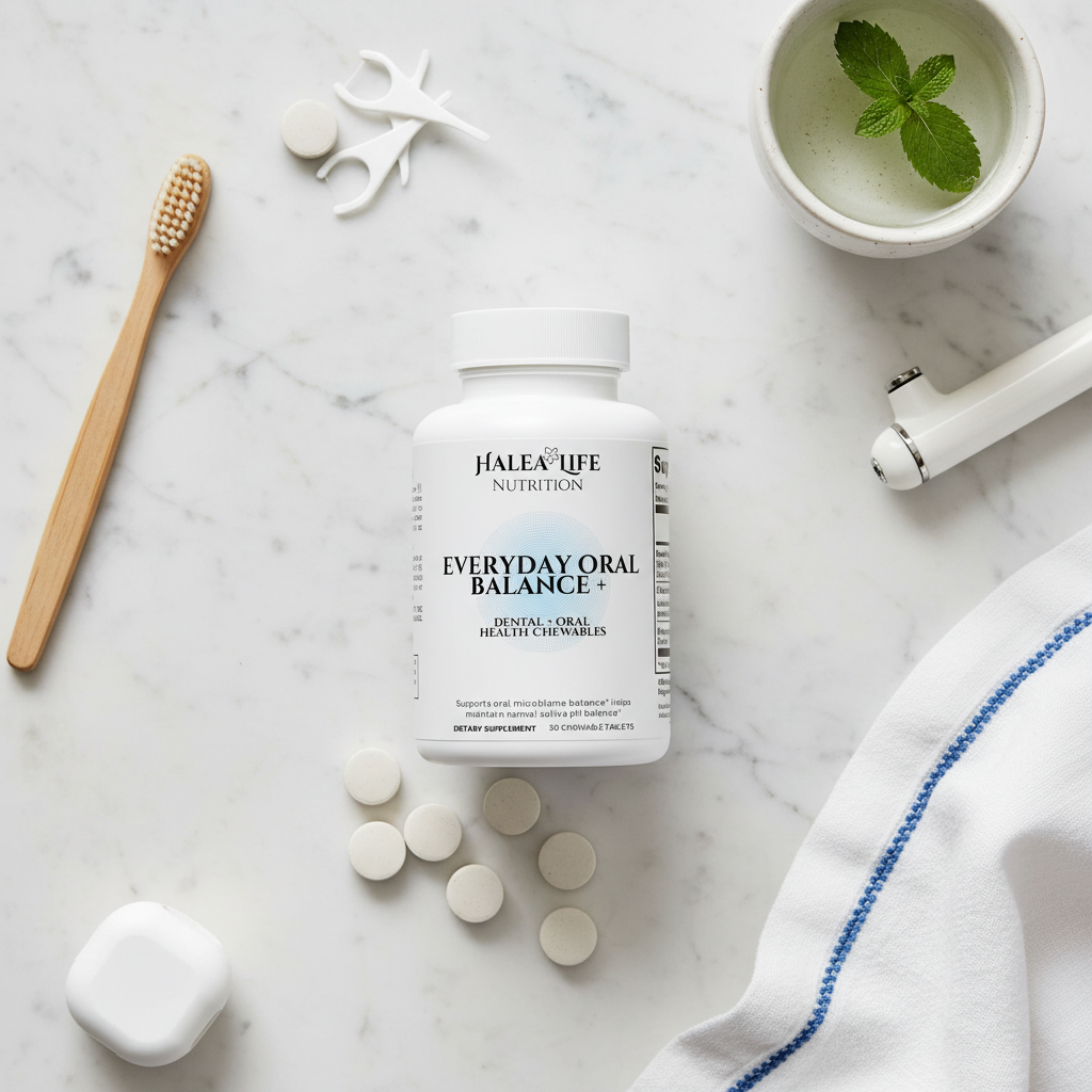Halea Life Nutrition Everyday Oral Balance supplement bottle on a marble surface with dental tools and mint leaves.