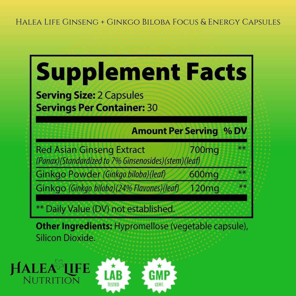 Halea Life Nutrition Halea Life Ginseng and Ginkgo Biloba Supplement for Focus and Energy