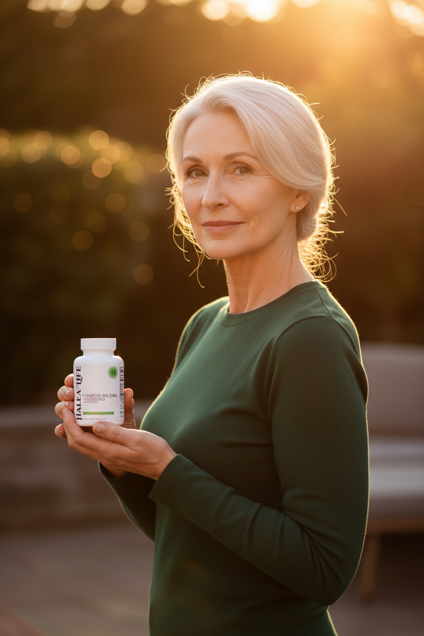 Woman holding a Halea Life supplement bottle outdoors with a warm glow