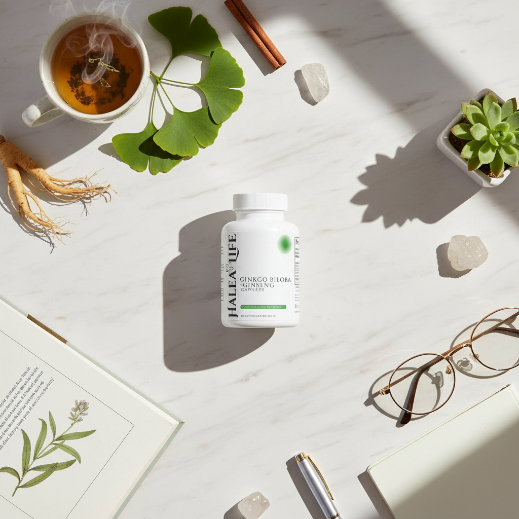 Halea Life Supplement bottle on a table with tea, leaves, and glasses